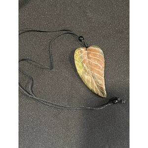 Natural Jasper Leaf Pendant with Adjustable Black Cord Necklace NWT